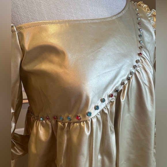 New! QUEEN OF SPARKLES Asymmetrical Gold Leather Mini Dress with Rhinestones - Picture 9 of 16